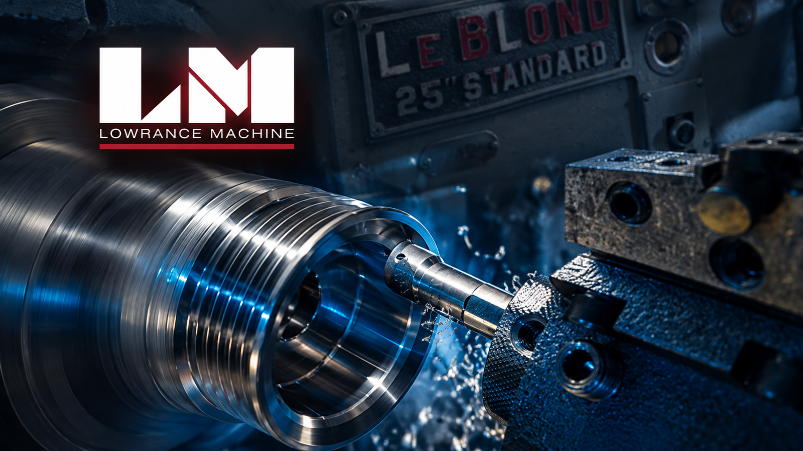 Lowrance Machine logo above a precision metal part being machined on a lathe